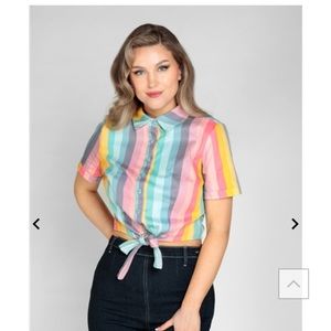 Collectif Sammy dreamy rainbow stripe tie blouse